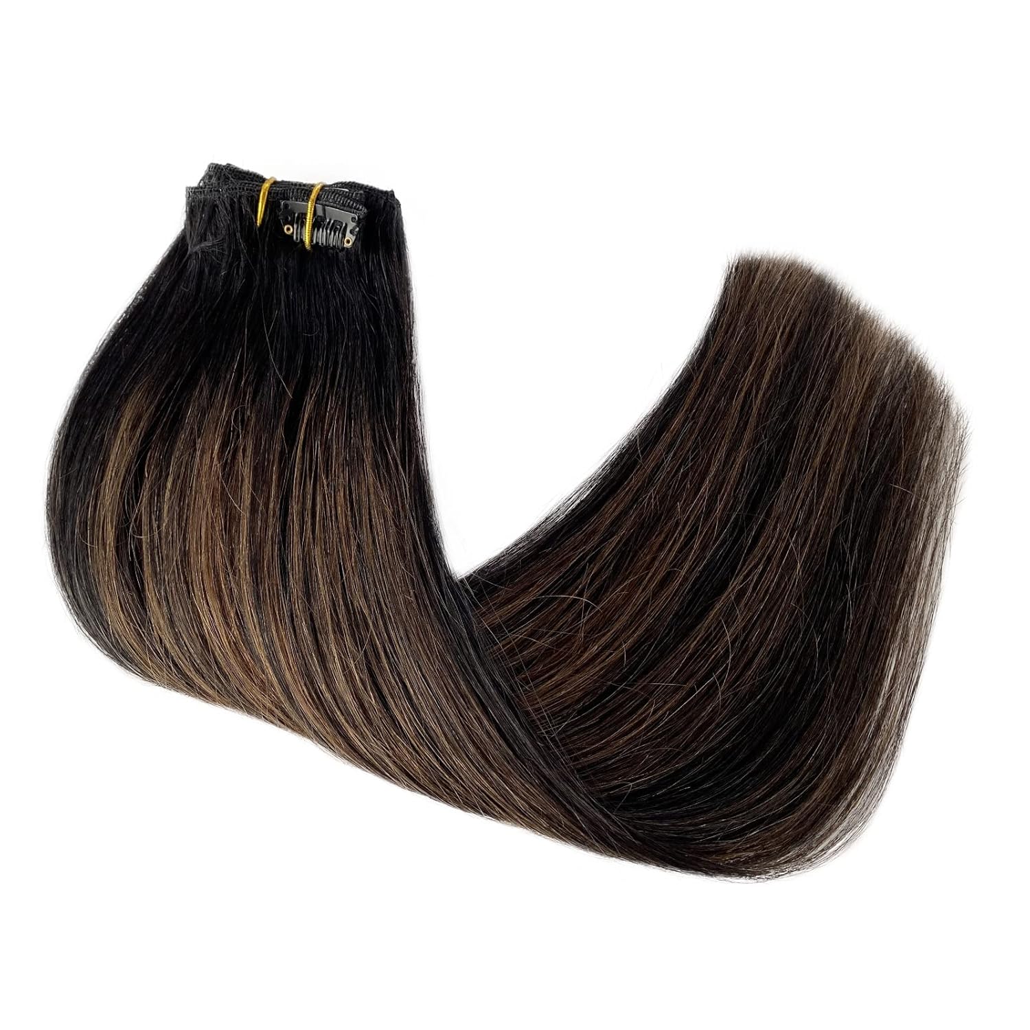 14 Inch 70g 5pc Balayage Black Brown Remy Human Hair Clip In Extensions Double Weft - Image 4