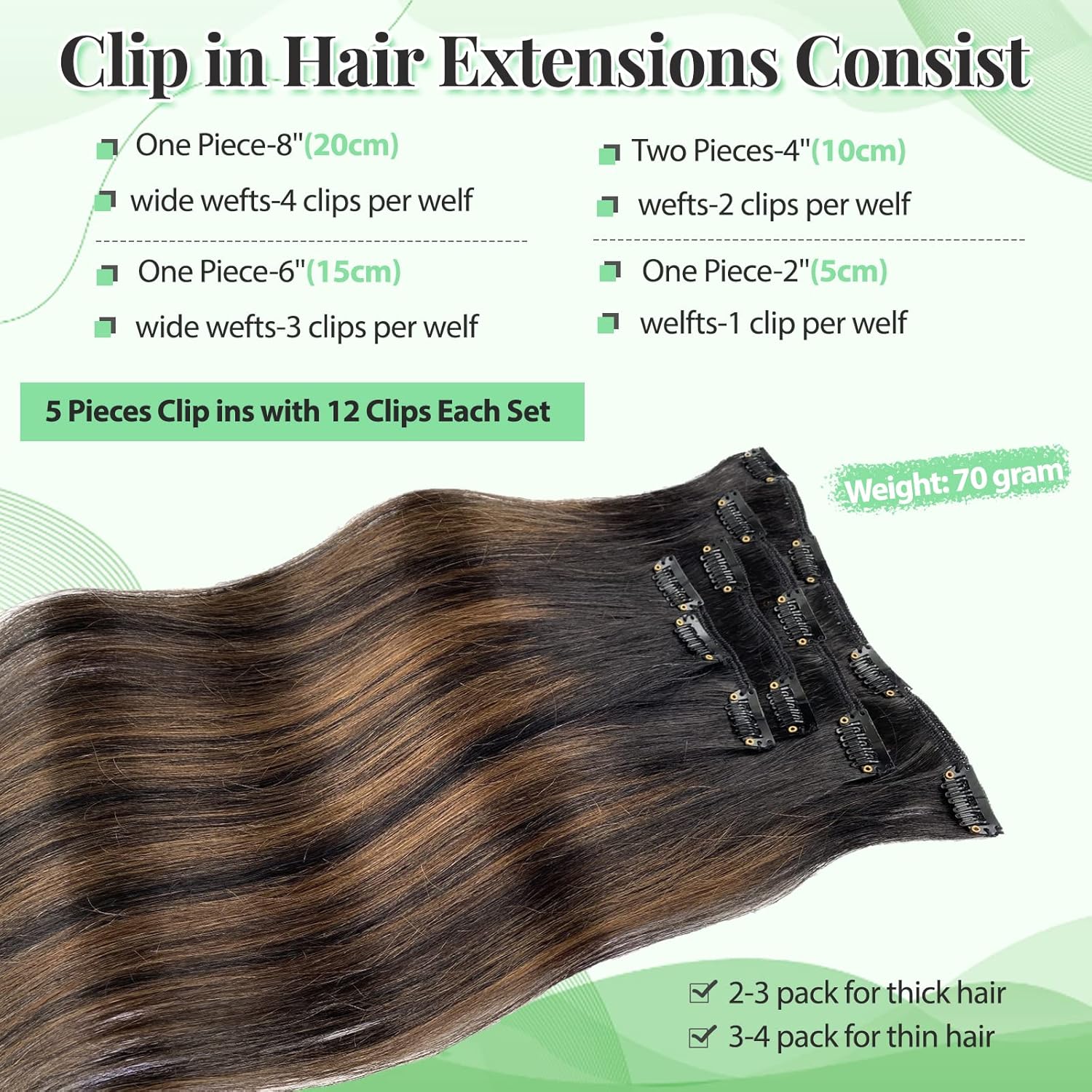 14 Inch 70g 5pc Balayage Black Brown Remy Human Hair Clip In Extensions Double Weft - Image 3