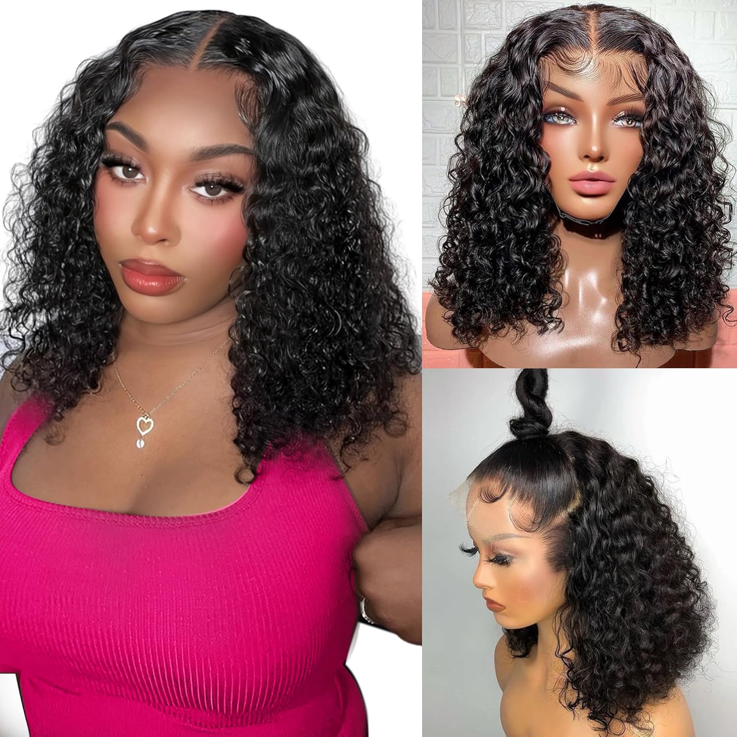 14 Inch Deep Wave Lace Front Wigs Human Hair Pre Plucked 210 Density Bob Wig Human Hair 13x6 Hd Frontal Lace Wigs Short Curly Wig Glueless Bob Wigs for Women Human Hair Wigs Natural Black