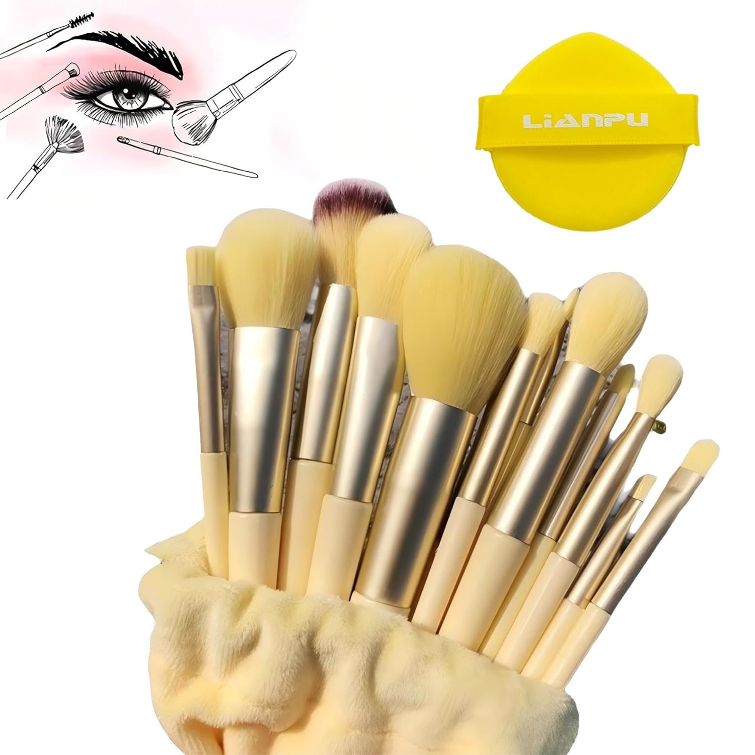 14 Pcs Makeup Brushes Makeup Kit With Beauty Makeup Sponge,Makeup Kit For Women Soft Fluffy Professional Cosmetic Foundation Powder Eyeshadow Kabuki Blending Make Up Brush Beauty Tool (Yellow)