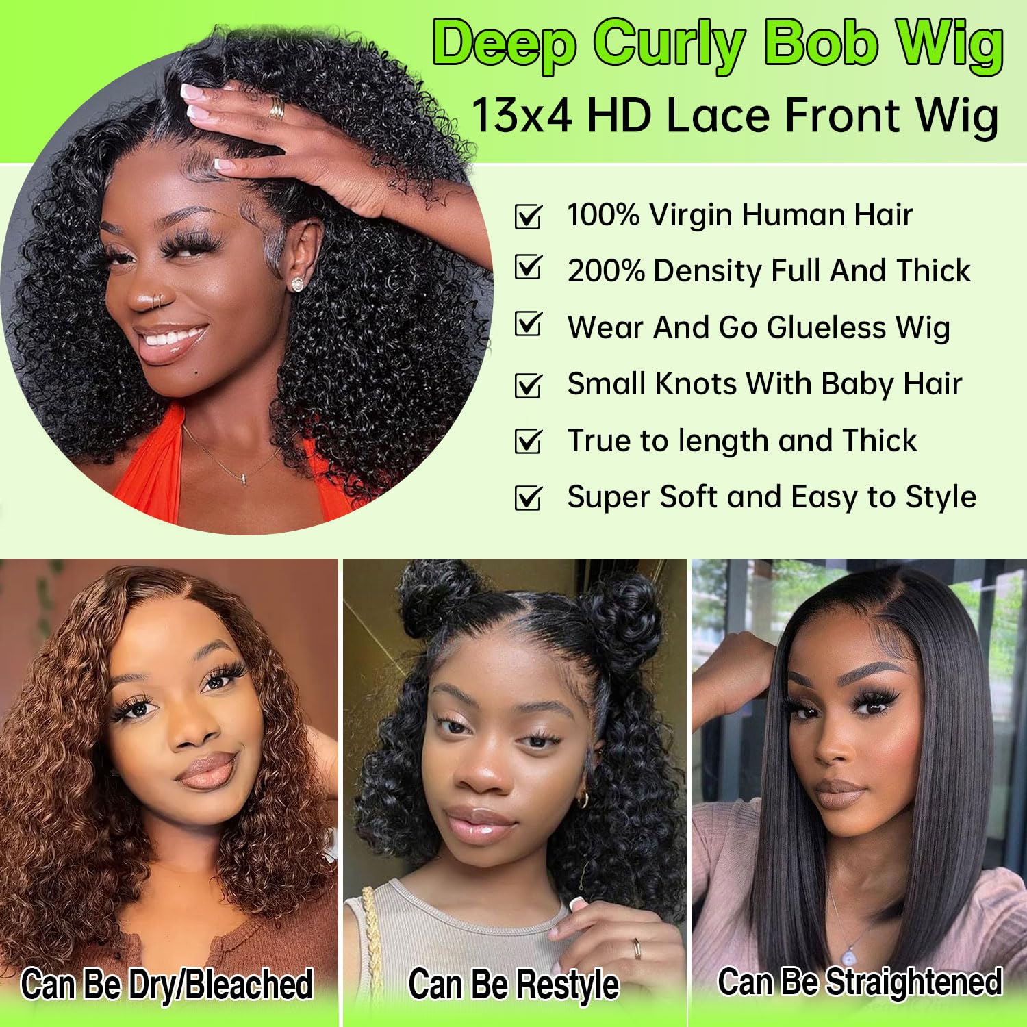 16 Inch Deep Wave Human Hair Bob Wig 200% Density HD Lace Frontal - Image 3