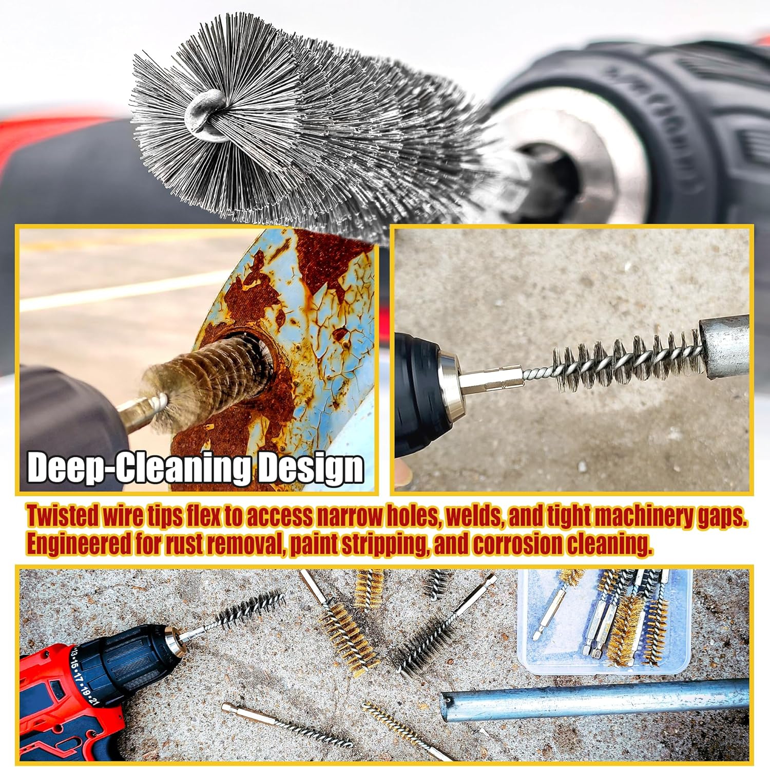 16-Piece Bore Brush Set - 304 Stainless Steel & Brass Drill Wire Bore Cleaning Brushes - 1/4" Hex Shank for Power Drills, Impact Drivers, Grinders (8/10/12/15/17/19/22/25mm) - Image 5
