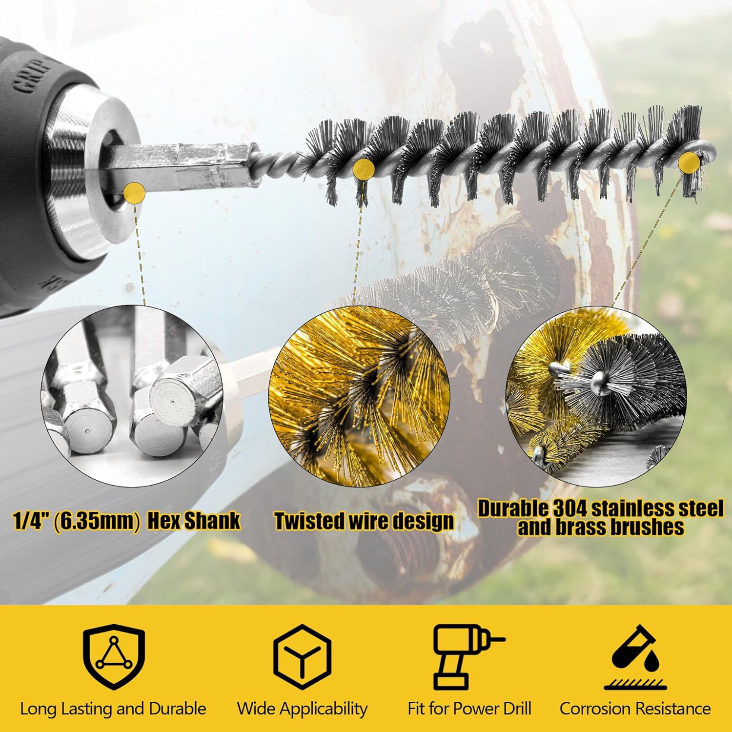 16-Piece Bore Brush Set - 304 Stainless Steel & Brass Drill Wire Bore Cleaning Brushes - 1/4" Hex Shank for Power Drills, Impact Drivers, Grinders (8/10/12/15/17/19/22/25mm) - Image 3