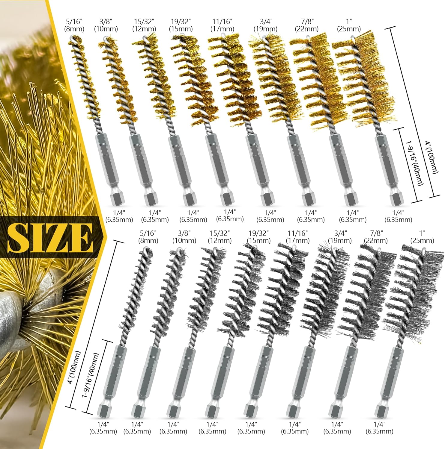 16-Piece Bore Brush Set - 304 Stainless Steel & Brass Drill Wire Bore Cleaning Brushes - 1/4" Hex Shank for Power Drills, Impact Drivers, Grinders (8/10/12/15/17/19/22/25mm) - Image 2