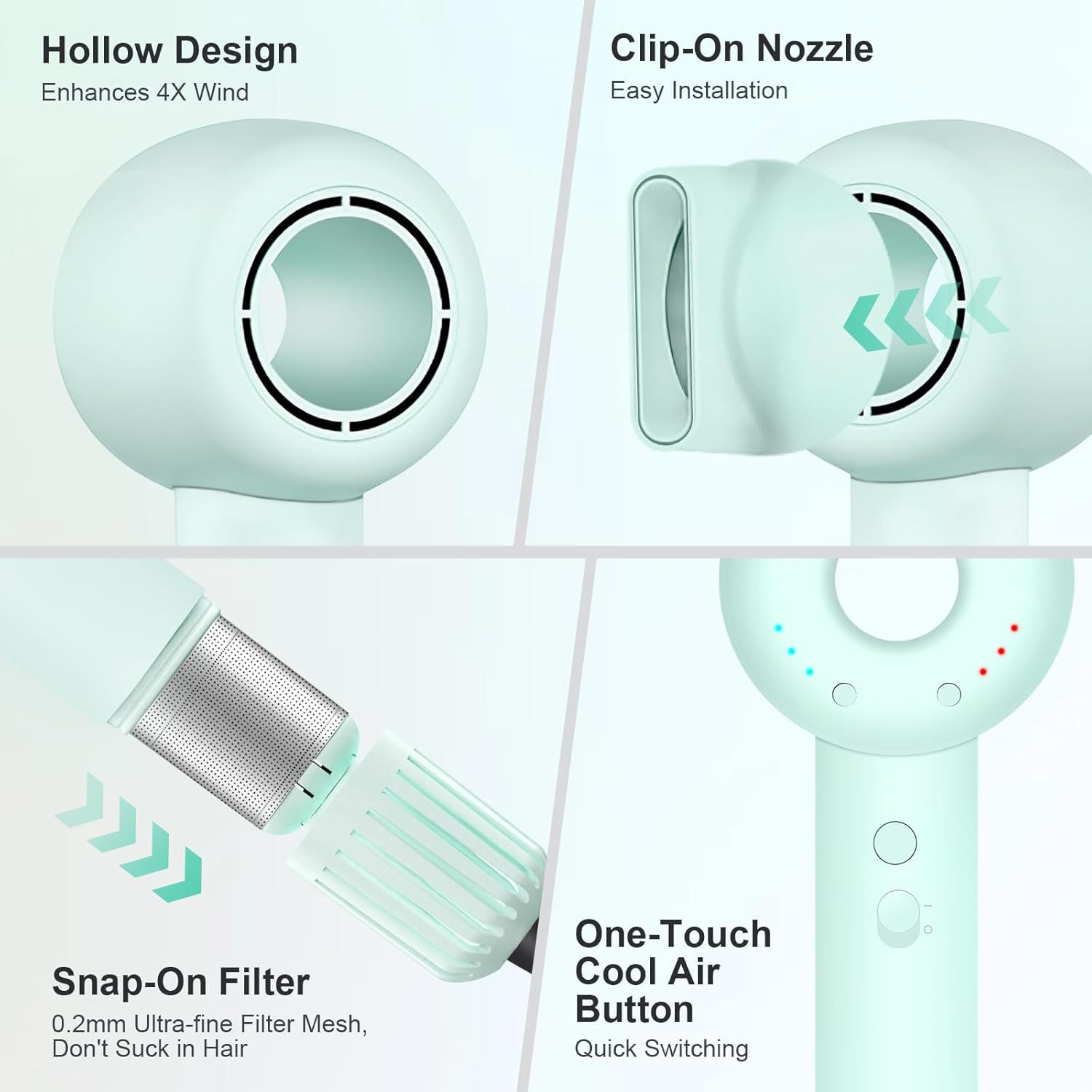 160000 RPM High Speed Hairdryer, Brushless Motor, 500 Million Negative Ionic Blow Dryer, Travel Fast Drying Hairdryer, Low Noise, Lightweight, Quiet Blowdryer with Nozzle, Home Use, Mint Green - Image 6