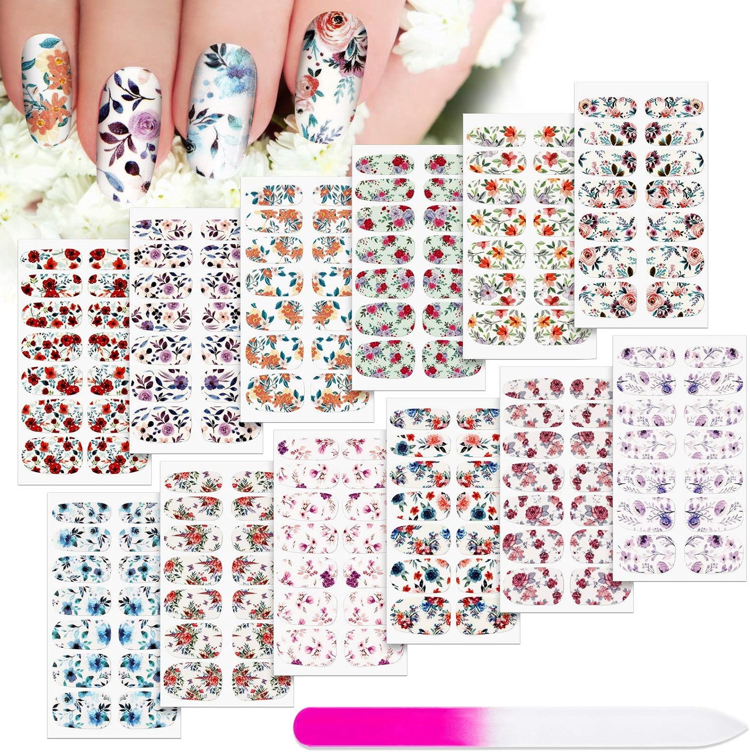 168 Pcs 12 Sheets Full Wraps Nail Polish Stickers Flower Print Self-Adhesive Nail Decal Strips Manicure Kits Colorful Flower Full Cover Decal Strips for Women DIY Decorations(Bright Style)