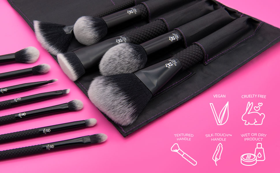 MODA pro brushes on pink showing icons for: vegan, cruelty free, wet/dry, textured/silktouch handles