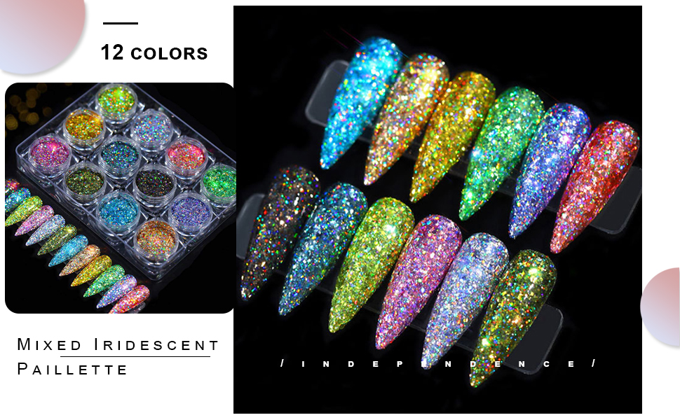 Sethexy 12 Colors Holoqraphic Glitter Superfine Nails Sequins Mixed Iridescent Paillette For Nails