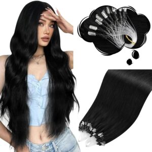 Moresoo Microlink Hair Extensions Human Hair Jet Black Micro Link Hair Extensions Human 18 inch Hair MicroBead Extensions Real Human Hair Black Microlink Extensions 50g/50s