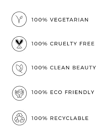 100% Vegetarian 100% Cruelty free 100% clean ingredients 100% consciously sourced 100% recyclable