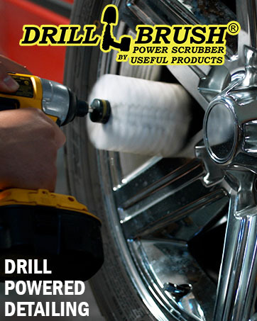 white soft Drill powered detailing brushes being used to clean car rims. Car cleaning drill brush