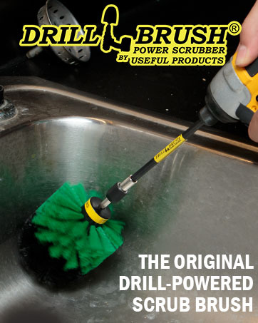 Green drill brush power scrubber with long reach attachment being used to clean a sink
