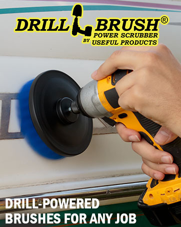 Drill Powered Brush cleaning boat. Blue Drillbrush for boat hulls and antiskid cleaning