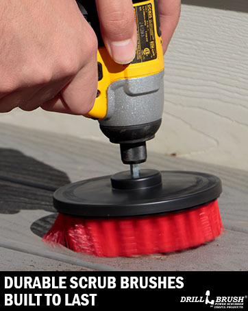 Durable stiff bristle brush built to last. Red Drillbrush scrub brush cleaning deck panneling. 
