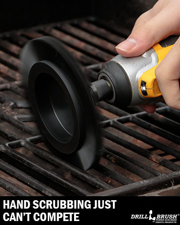Black Drill brush grill cleaner being used as a grill brush as hand scrubbing just cant compete