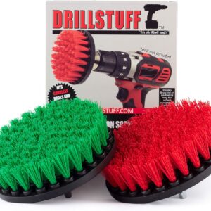 Cleaning Brush Set - 5-inch Medium & Stiff Bristle Drill-Powered Brushes - Green & Red - Kitchen, Tile, Floor & Outdoor Use - Stainless Steel Handle - Nylon Bristles
