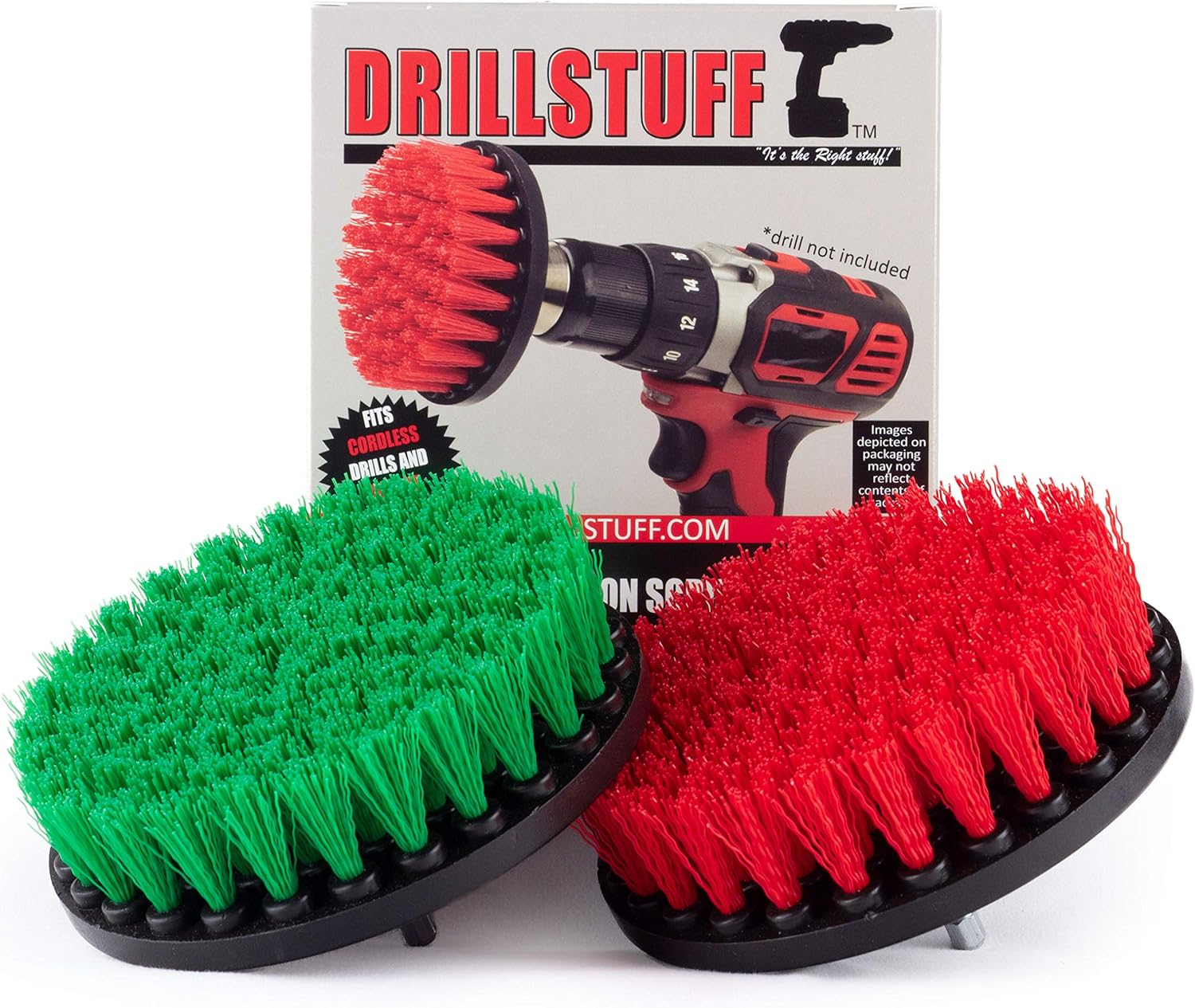 Cleaning Brush Set - 5-inch Medium & Stiff Bristle Drill-Powered Brushes - Green & Red - Kitchen, Tile, Floor & Outdoor Use - Stainless Steel Handle - Nylon Bristles