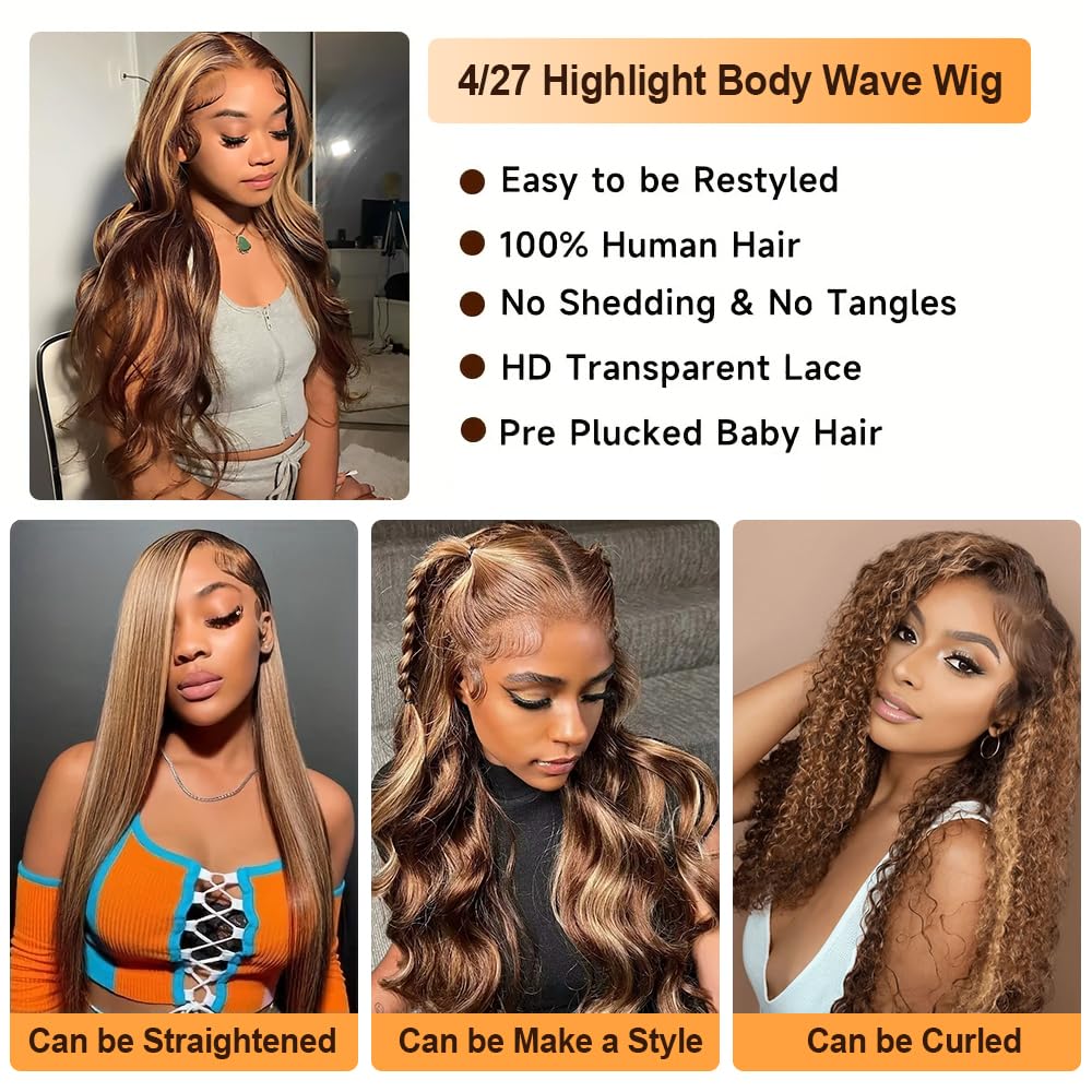 Honey Blonde Ombre Lace Front Wig Human Hair 22 Inch Highlight 13X4 Body Wave Lace Front Wigs Human Hair Pre Plucked with Baby Hair 180% Density 4/27 Colored Frontal Wigs Human Hair for Women - Image 4