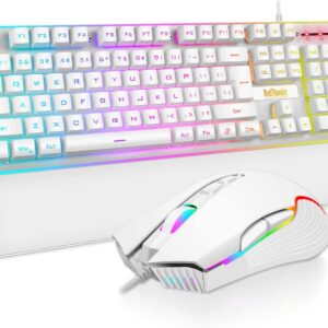 RedThunder K10 Wired Gaming Keyboard and Mouse and Wrist Rest Combo, RGB Backlit, Mechanical Feel Anti-ghosting Keyboard + 7D 7200 DPI Mice+Soft Leather Wrist Rest 3 in 1 PC Gamer Accessories(White)
