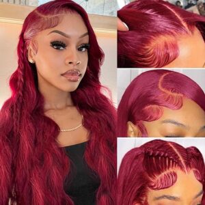 Sheeep 99j Burgundy Lace Front Wigs Human Hair Pre Plucked with Baby Hair 200% Density 13X4 Red Body Wave Human Hair Wigs for Women Natural Hair Wig 26 Inch
