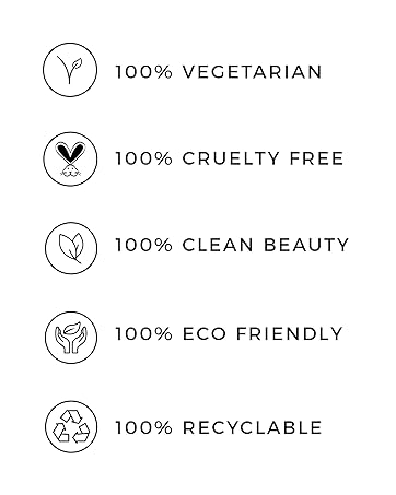 100% Vegetarian 100% Cruelty free 100% clean ingredients 100% consciously sourced 100% recyclable