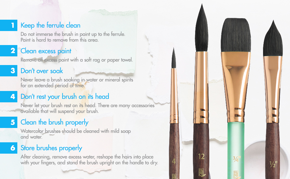 Four paintbrushes with important brush care tips listed