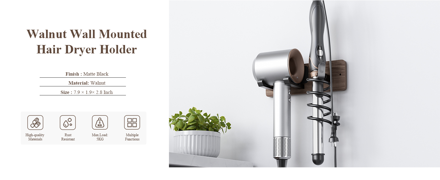Walnut Hair Dryer Holder Curling Iron Holder