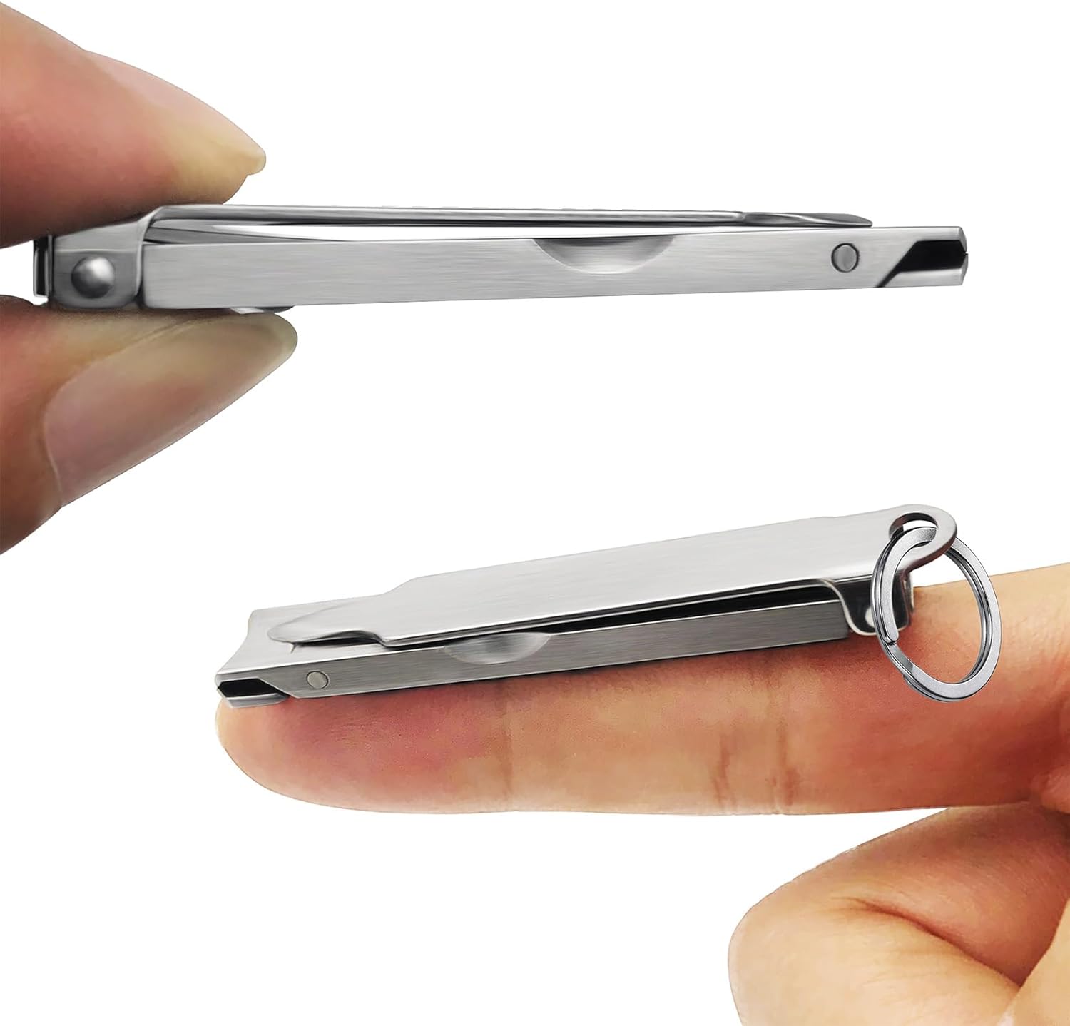 Ultra Thin Portable Fingernail Clipper Small Pocket Folding Nail Clippers, Wide Jaw Cutter with Keychain Curved Trimmer, Flip Open Brushed Finish (Small-Brushed)