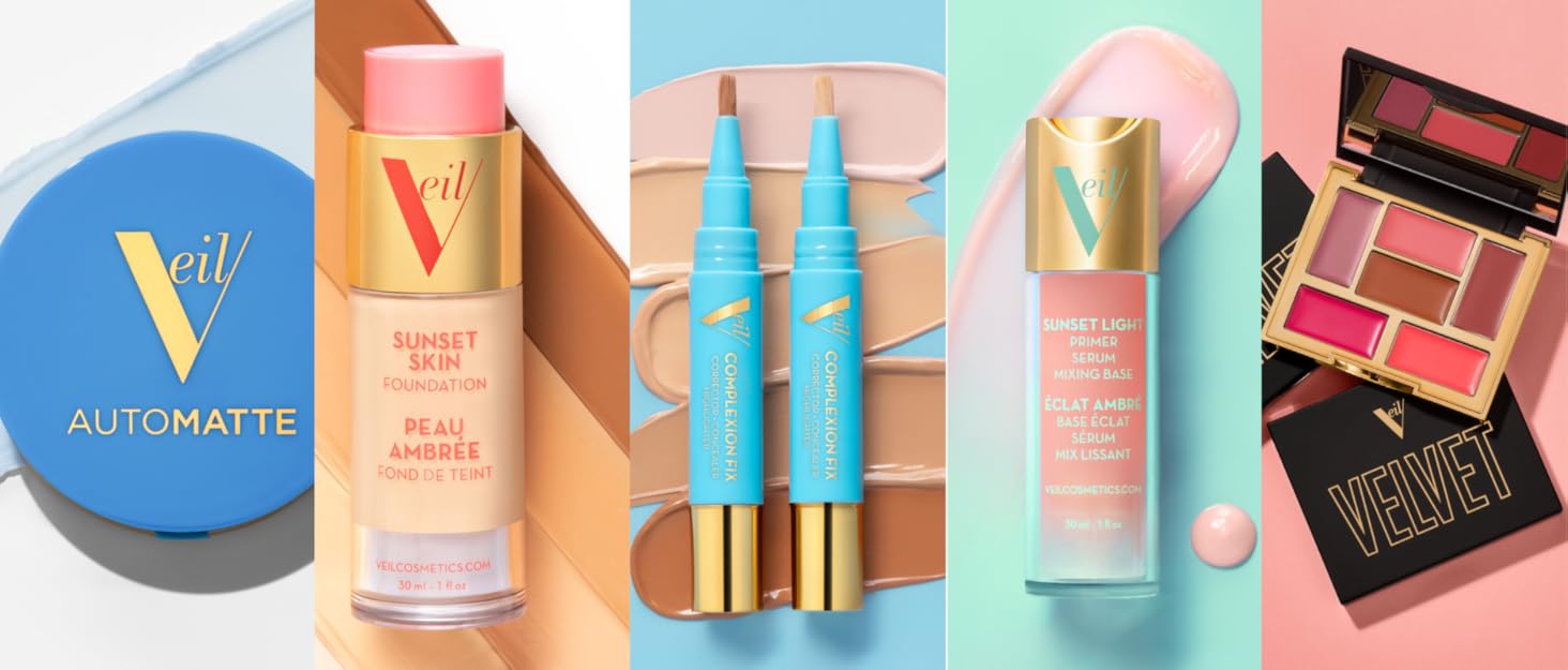veil cosmetics makeup products in a collage to show variety of options