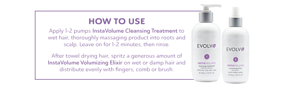 Apply cleanser to wet hair, massage and rinse. Spritz elixir on damp hair and style.