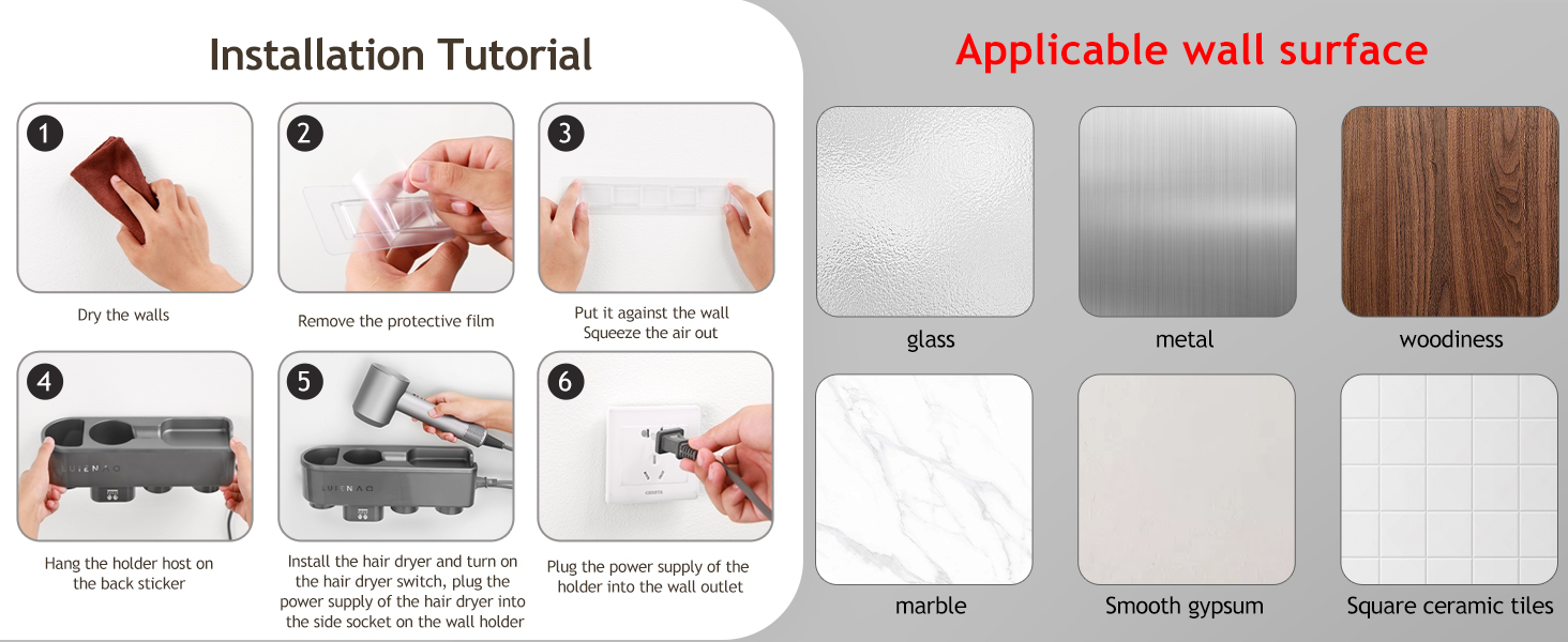 Usage tutorial and hair dryer holder for wall use