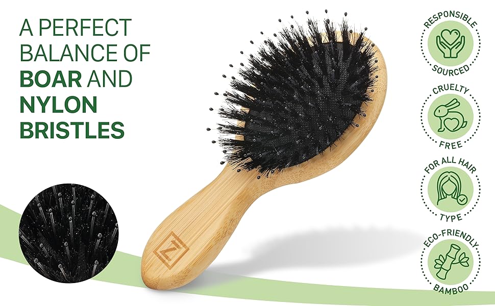 Natural Boar Bristle Mini Hair Brush for Women, Men, Kids