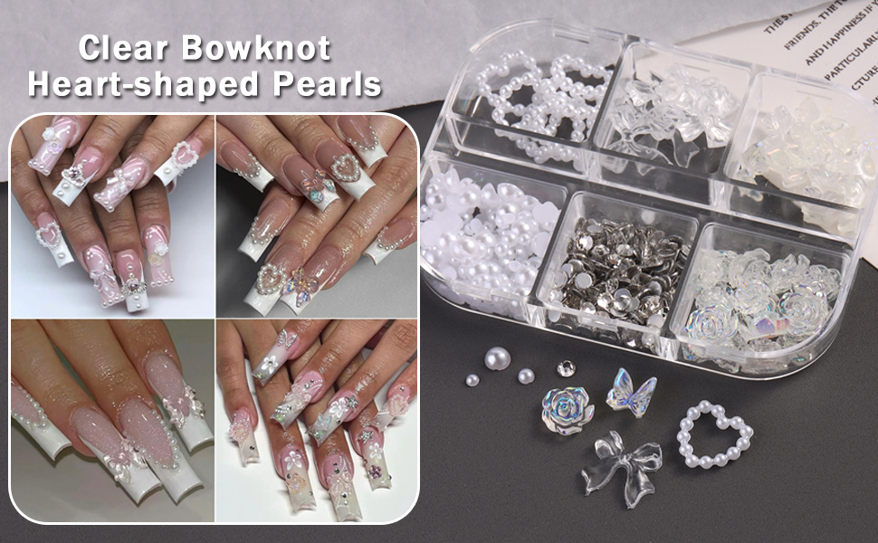 Clear Bow-Knot White Heart Flatback Pearls Nail Decoration