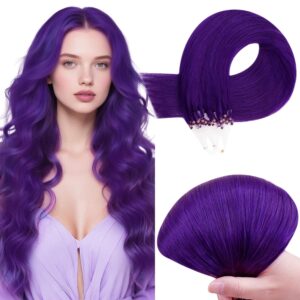RUNATURE Purple Microlink Hair Extensions Human Hair Colorful Remy Micro Link Hair Extensions Human Hair Short Straight Micro Bead Hair Extensions Real Human Hair for Party Highlights 14 Inch 25g 25s