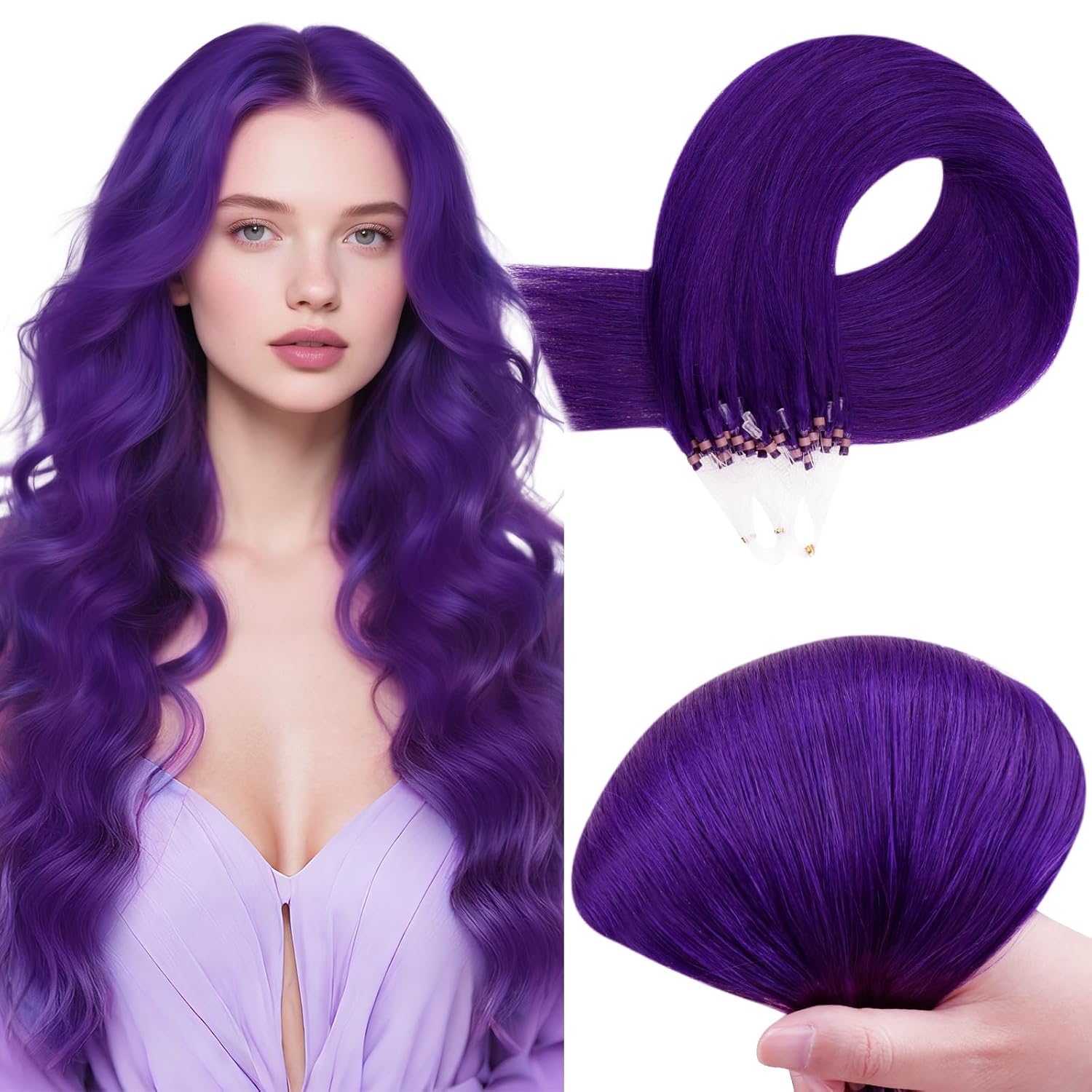 RUNATURE Purple Microlink Hair Extensions Human Hair Colorful Remy Micro Link Hair Extensions Human Hair Short Straight Micro Bead Hair Extensions Real Human Hair for Party Highlights 14 Inch 25g 25s