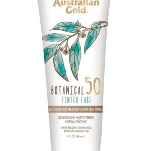 Australian Gold Botanical SPF 50 Tinted Mineral Sunscreen for Face, Non-Chemical BB Cream, Water-Resistant, Matte Finish, For Sensitive Facial Skin, Medium to Tan Skin Tones, 3 FL Oz