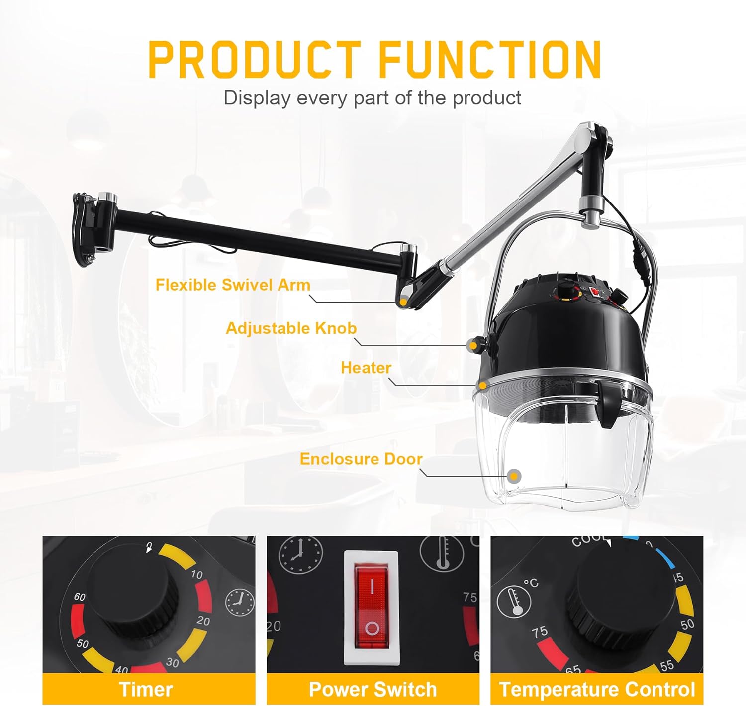 Wall Mounted Hair Dryer for Salon, 900W Hooded Hair Dryers with Swivel Arm, Adjustable Temperature 0-70℃, Timer 0-60min, Professional Fast Drying Barber Equipment for Salon Spa Home Black (2) - Image 9