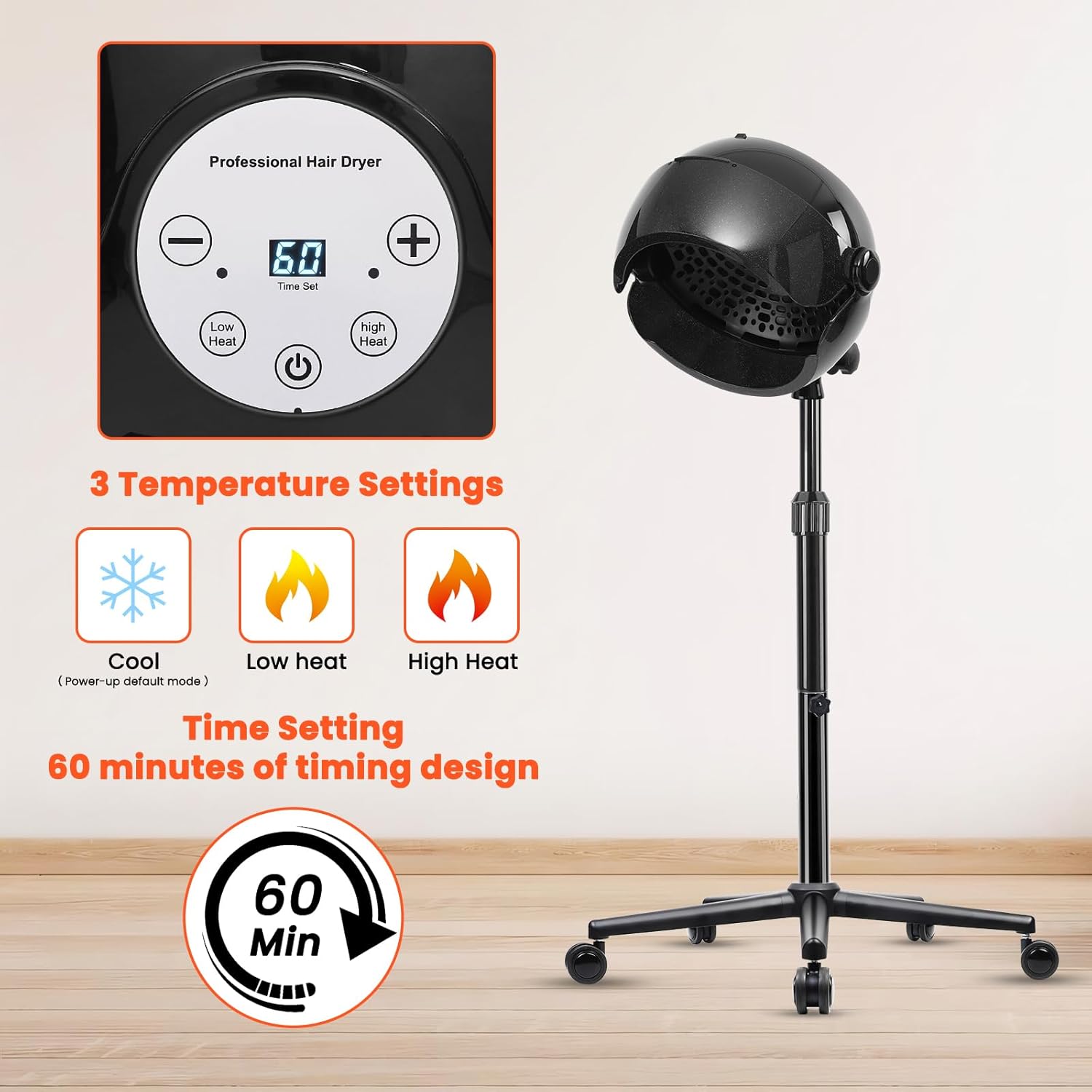 Hooded Hair Dryer, 1500W Standing Hair Dryer with Time Settings, Touch Controls, 3 Temperature Modes, Height Adjustable Ionic Hooded Dryer on Wheels, Sit Under Hair Dryer Bonnet for Home or Salon Use - Image 3