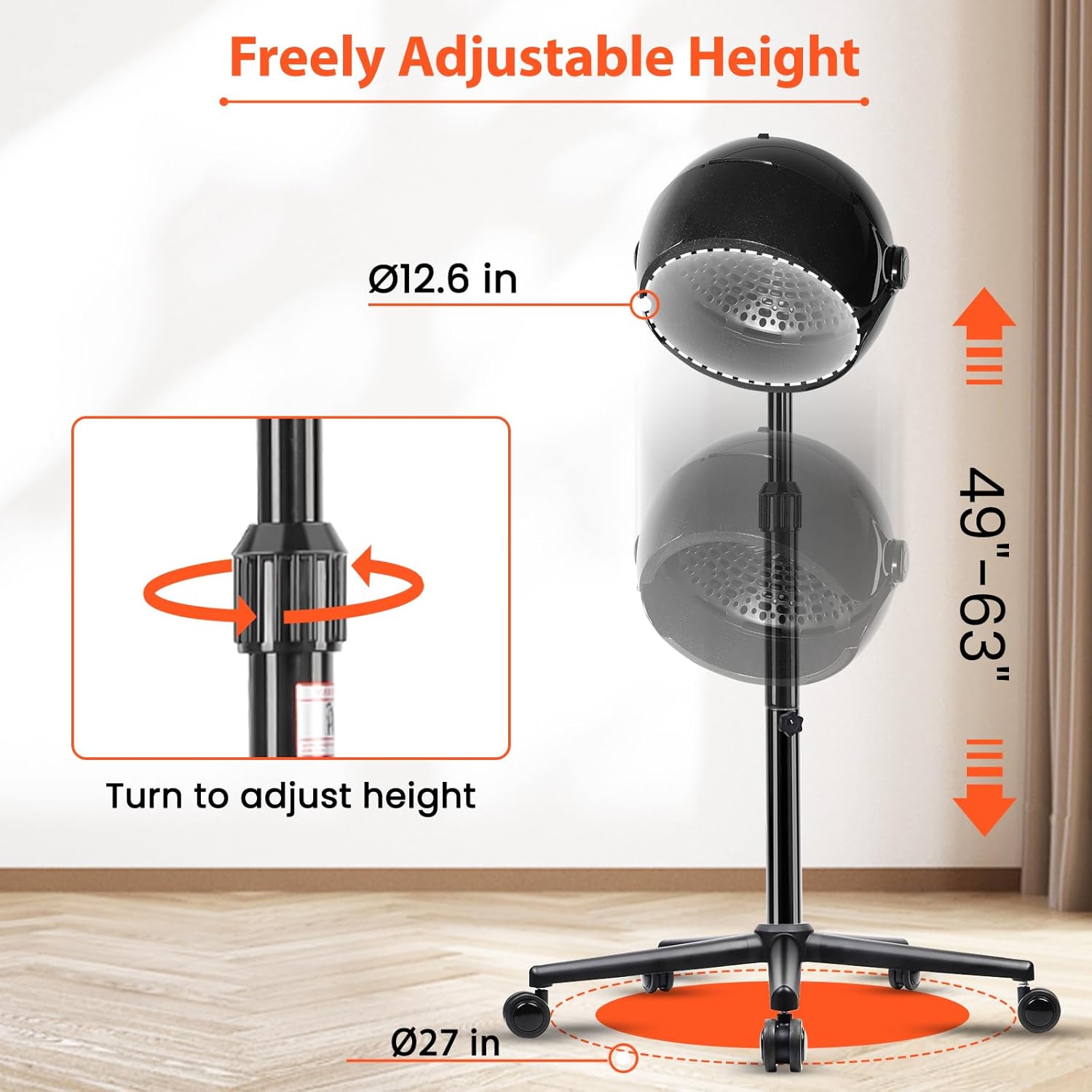Hooded Hair Dryer, 1500W Standing Hair Dryer with Time Settings, Touch Controls, 3 Temperature Modes, Height Adjustable Ionic Hooded Dryer on Wheels, Sit Under Hair Dryer Bonnet for Home or Salon Use - Image 4