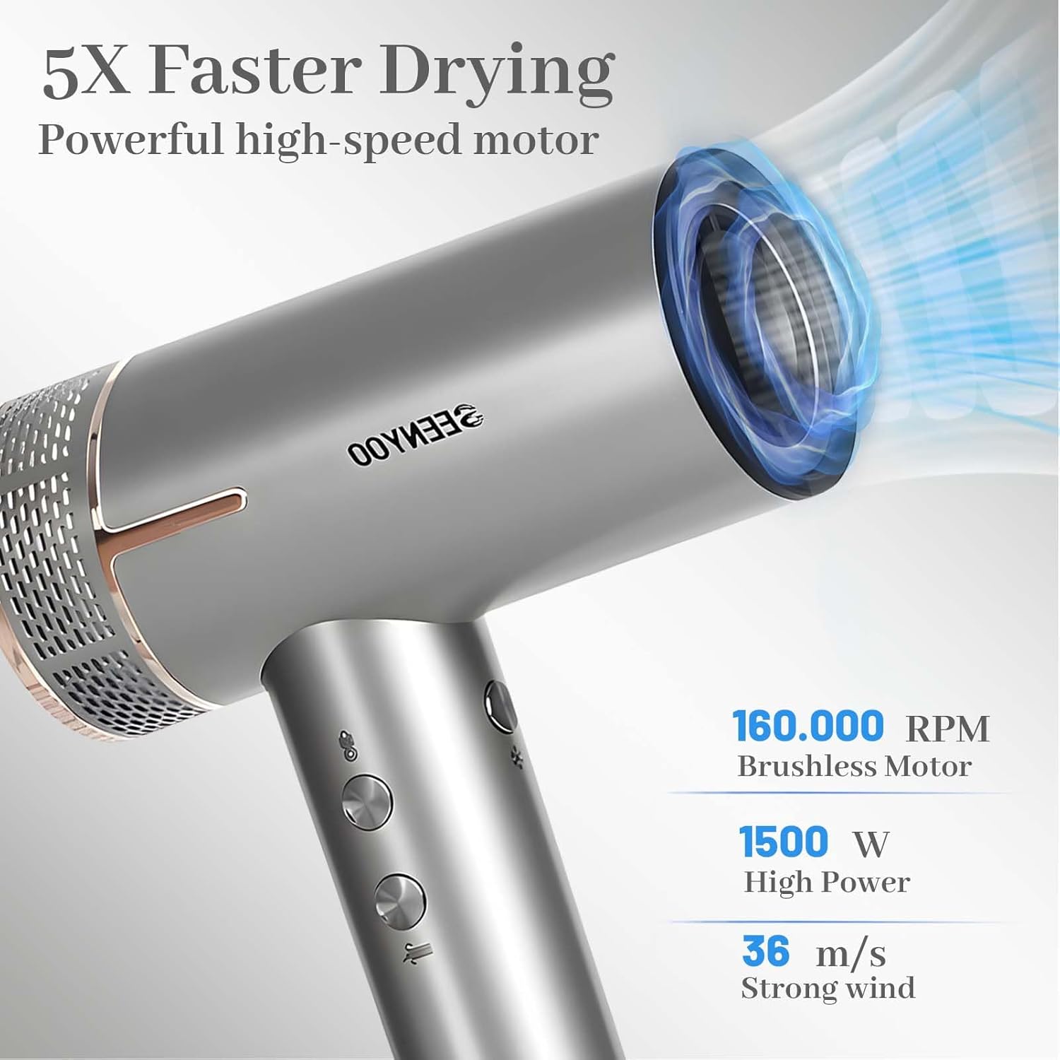 Hair Dryer, Quick Fast Drying 160000 RPM High Speed Ionic Blow Dryer, 2 Speeds & 4 Temps Hair Dryers with HD Display, Low Noise Hair Dryer with Magnetic Nozzle & Diffuser for Home Travel Salon - Image 4