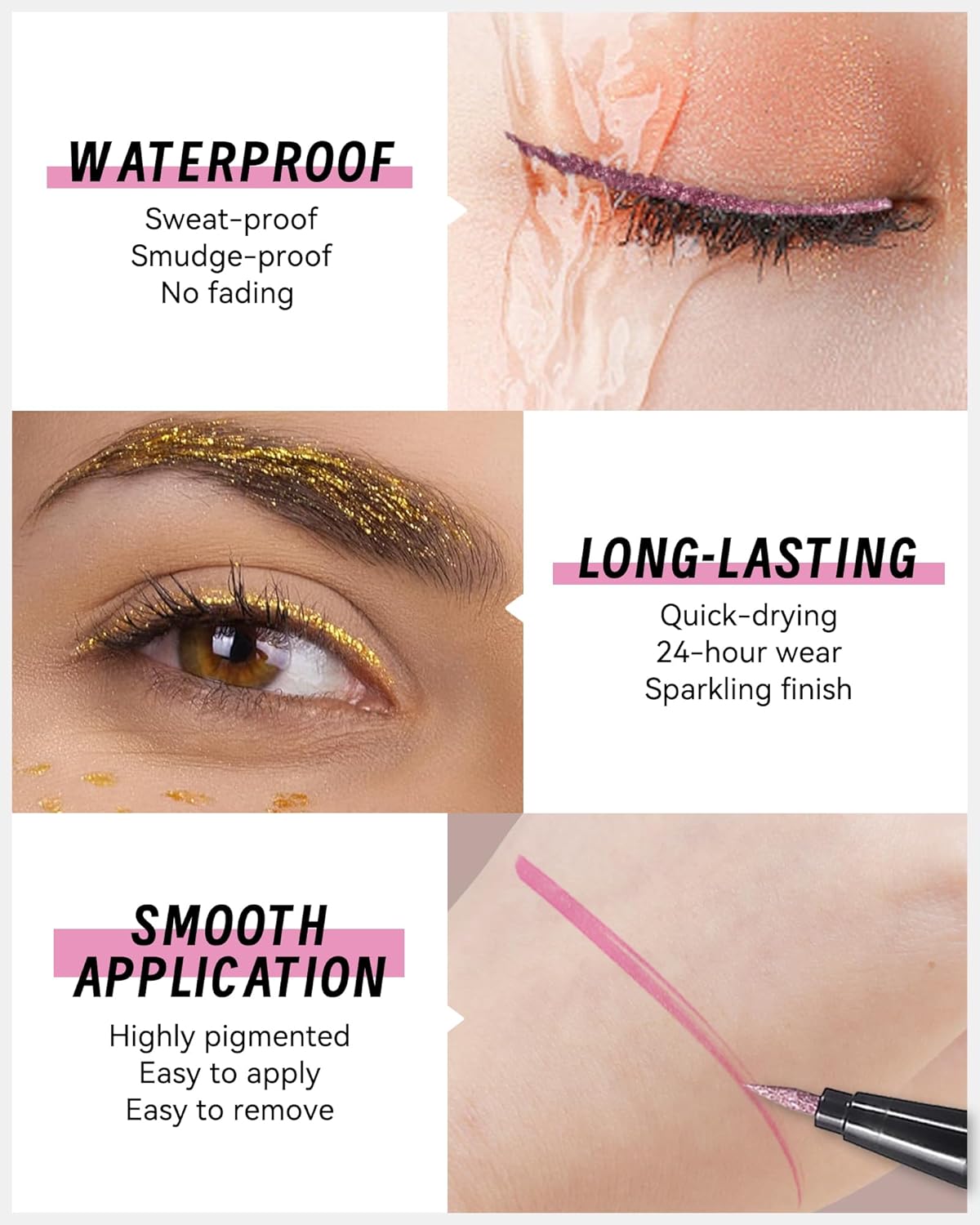 Metallic Shimmer Liquid Eyeliner, Blue Glitter Eyeliner Waterproof Long-Lasting 24H, Sparkling Finish Colored Eyeliner Pen, Ultra-Fine Tip Smooth Application, High Pigmented Smudge-Proof Eye Makeup-09 - Image 3