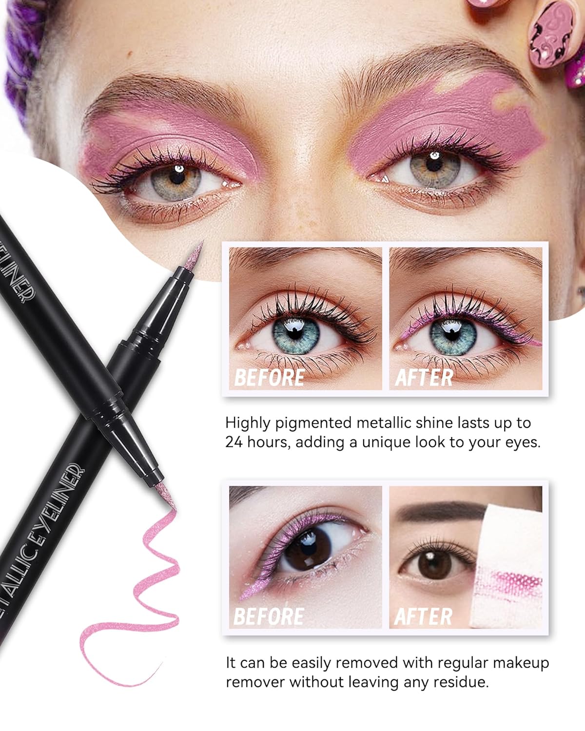 Metallic Shimmer Liquid Eyeliner, Blue Glitter Eyeliner Waterproof Long-Lasting 24H, Sparkling Finish Colored Eyeliner Pen, Ultra-Fine Tip Smooth Application, High Pigmented Smudge-Proof Eye Makeup-09 - Image 5