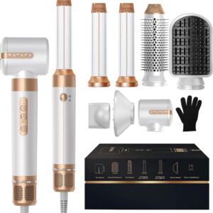 Blow Dryer Brush 7inONE,110000RPM High-Speed Negative Ionic Hair Dryer with Diffuser Concentrator,Curling Iron Hair Straightener Round Brush Blow Out Magic Styler,Volumizing Air Styler (White)