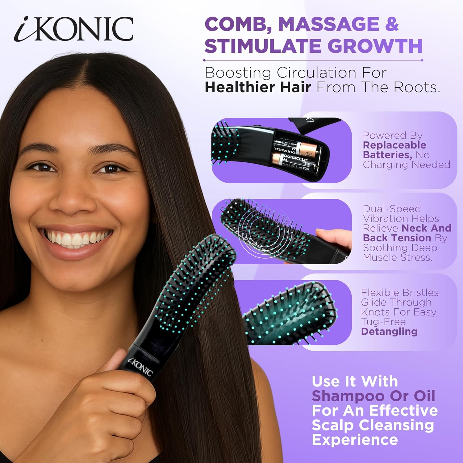 IKONIC 3in1 Electric Scalp Massager for Hair Growth + Hair Straightener 100% Ceramic 1.25" Curved Plate, Dual Voltage with 140°F–450° Heat control, Auto Heat with Infrared Technology - Image 5