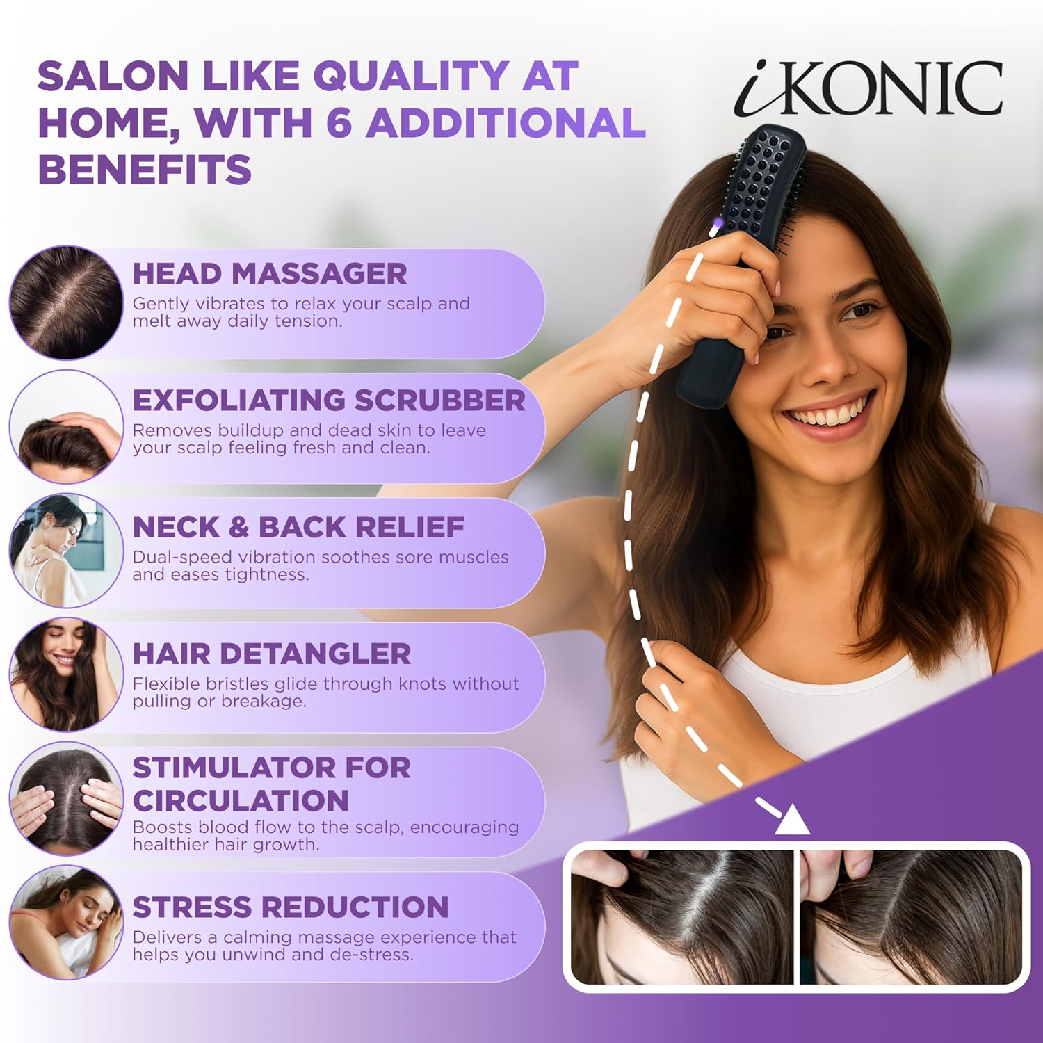 IKONIC 3in1 Electric Scalp Massager for Hair Growth + Hair Straightener 100% Ceramic 1.25" Curved Plate, Dual Voltage with 140°F–450° Heat control, Auto Heat with Infrared Technology - Image 6