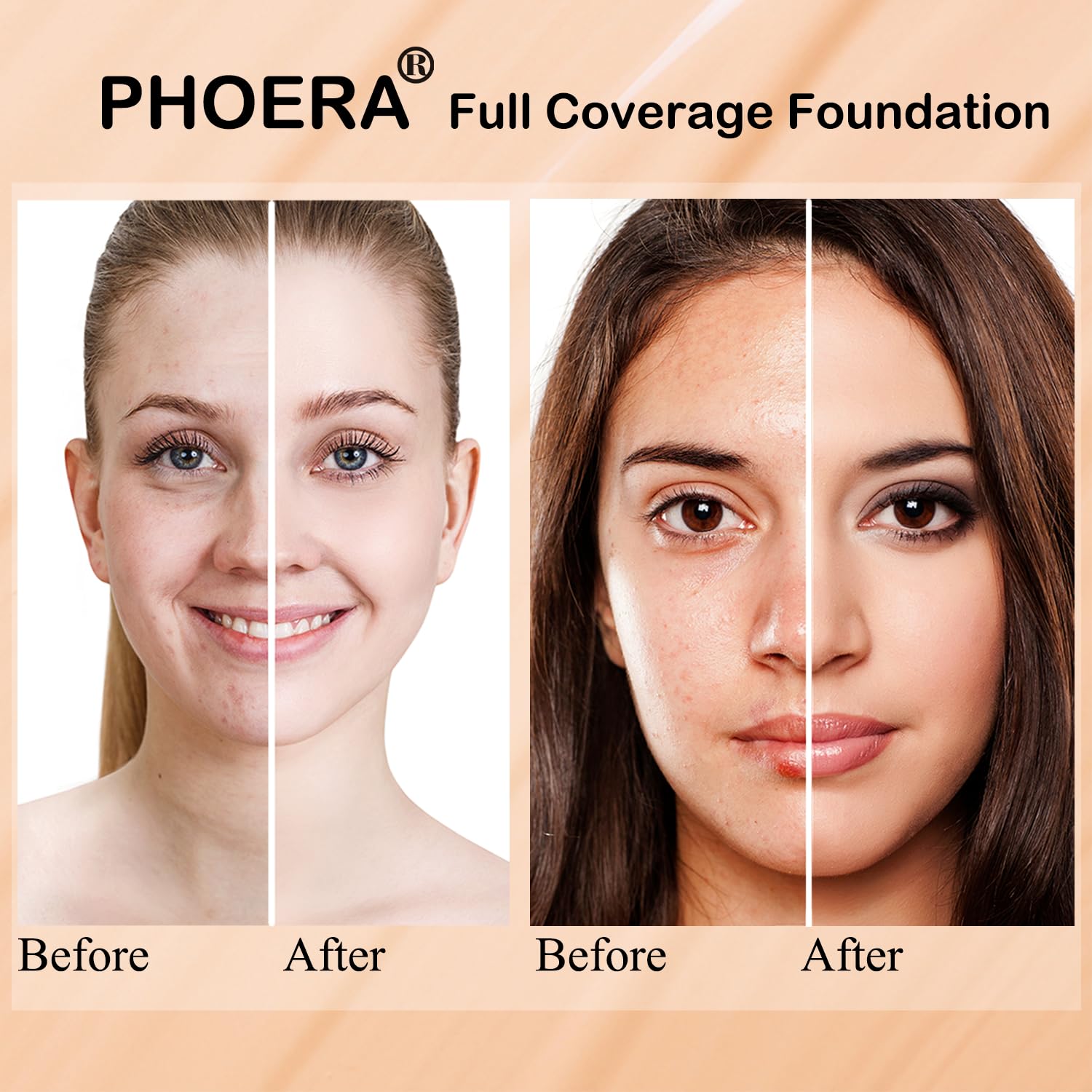 PHOERA Foundation 102 and 103 & Face Primer,Liquid Full Coverage Foundation Set,Foundation Brush Powder Brush,5 Makeup Sponge,30ml PHOERA 24HR Matte Oil Control Concealer (102 Nude + 103 Warm peach) - Image 4