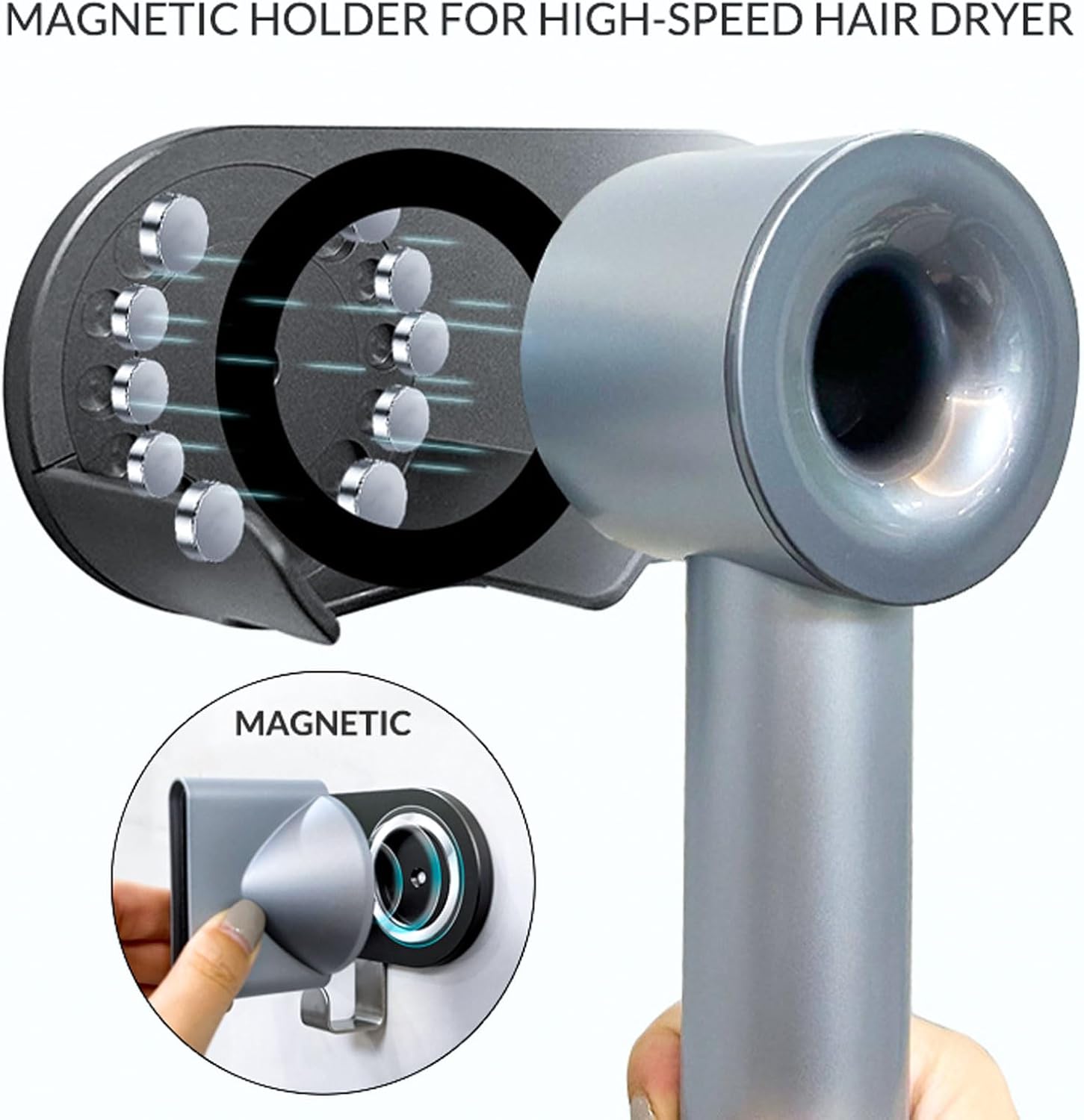 simpletome Hair Dryer Holder Wall Mount for All Magnetic High Speed Blow Dryer with Plug Cord Organizer Hook (ABS Plastic, Grey) - Image 2