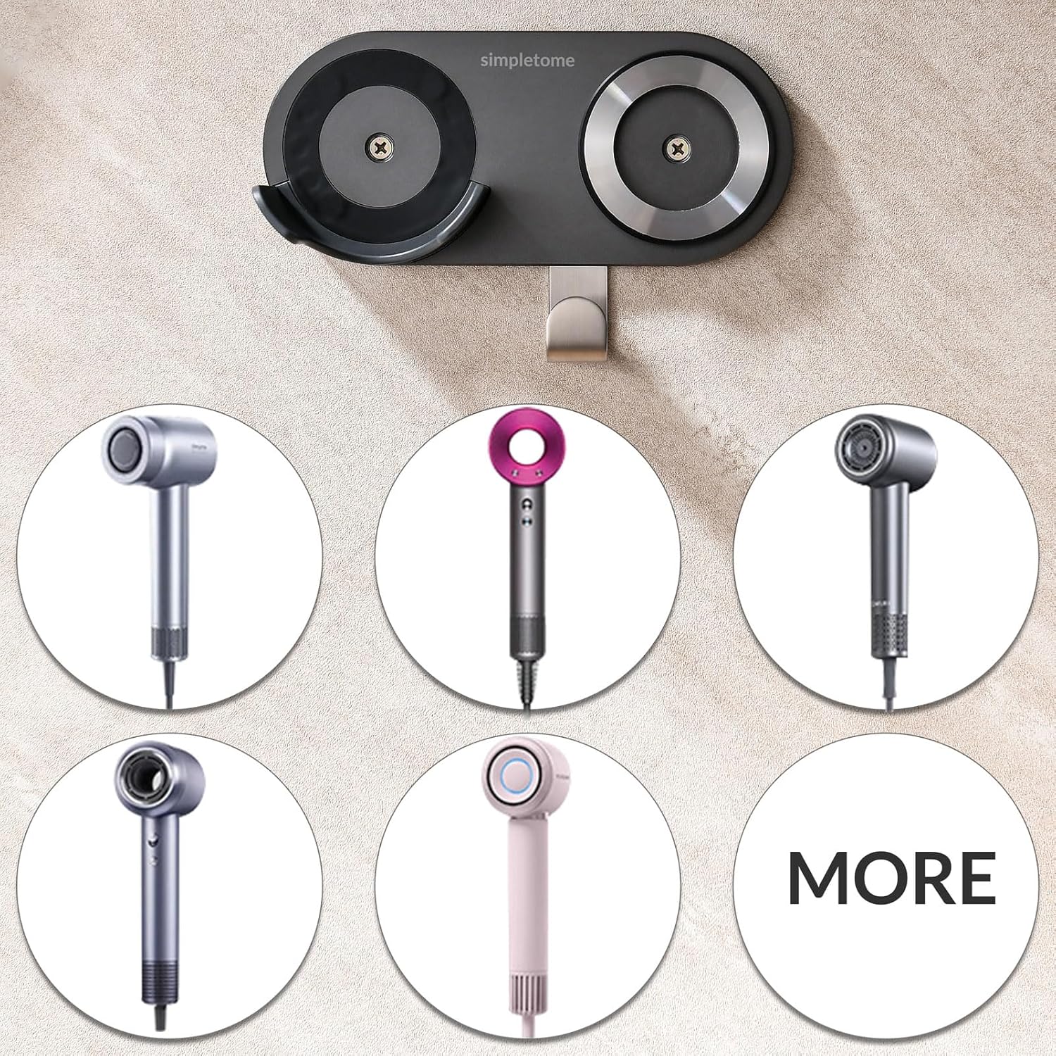 simpletome Hair Dryer Holder Wall Mount for All Magnetic High Speed Blow Dryer with Plug Cord Organizer Hook (ABS Plastic, Grey) - Image 3