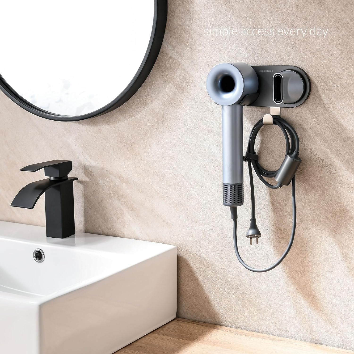 simpletome Hair Dryer Holder Wall Mount for All Magnetic High Speed Blow Dryer with Plug Cord Organizer Hook (ABS Plastic, Grey) - Image 4