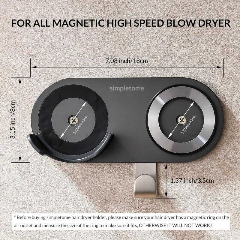 simpletome Hair Dryer Holder Wall Mount for All Magnetic High Speed Blow Dryer with Plug Cord Organizer Hook (ABS Plastic, Grey) - Image 6